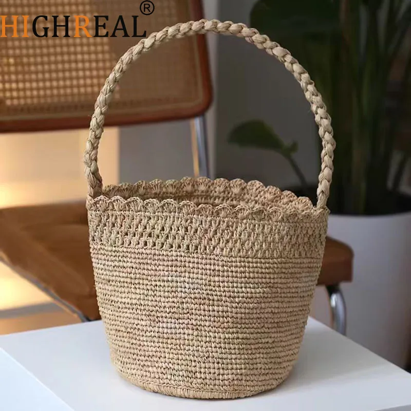 

Handmade Crochet Straw Bucket Bag Bohemian Raffia Women Handbag Travel Beach Bag Summer Vacation Woven Shoulder Bags for Women