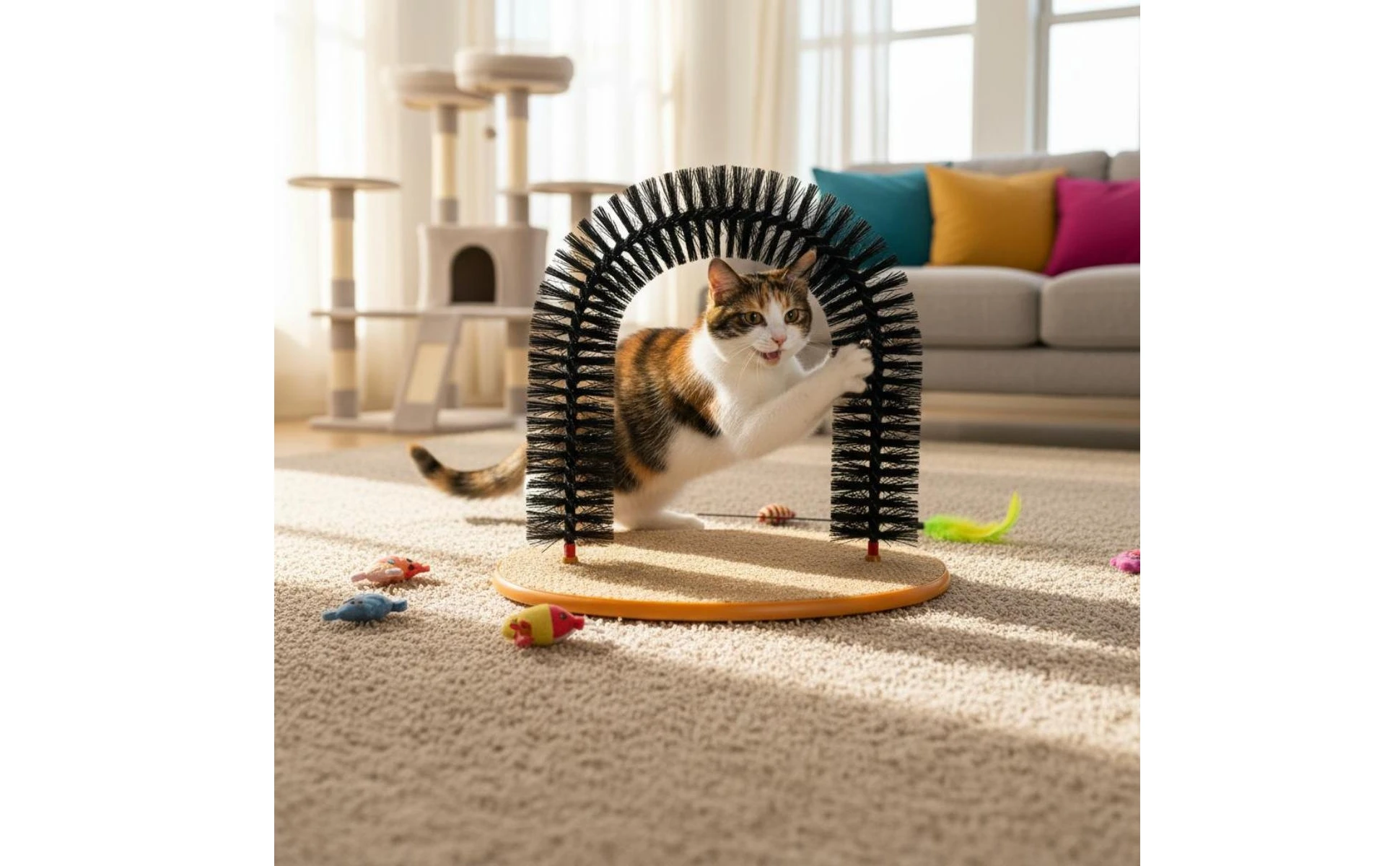 Feline Arch Scratcher Dense Bristles Feline Grooming Arch Bristle Scratcher Orange-Edged Rim Pet Accessory 3 in 1