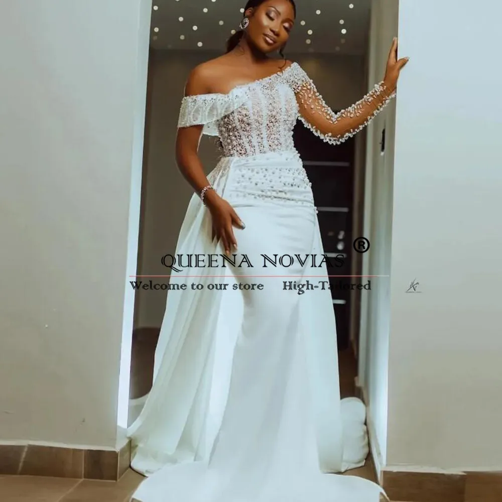 Unique Design Pearls Beaded Satin Wedding Dresses With Detachable Train One Shoulder Bride Gowns 2 Pieces Bride Party Clothing