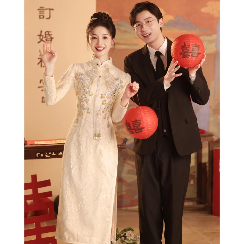 

Новинка 2024: Зимнее длинное платье в китайском стиле для женщин, традиционный костюм для свадебной церемонии и торжеств