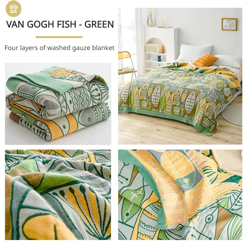 Cotton Gauze Towel Quilt Van Gogh Fish - Green Summer Thin Blanket Bed Sofa with Air Conditioning Cover Blanket Home Decor 여름이불