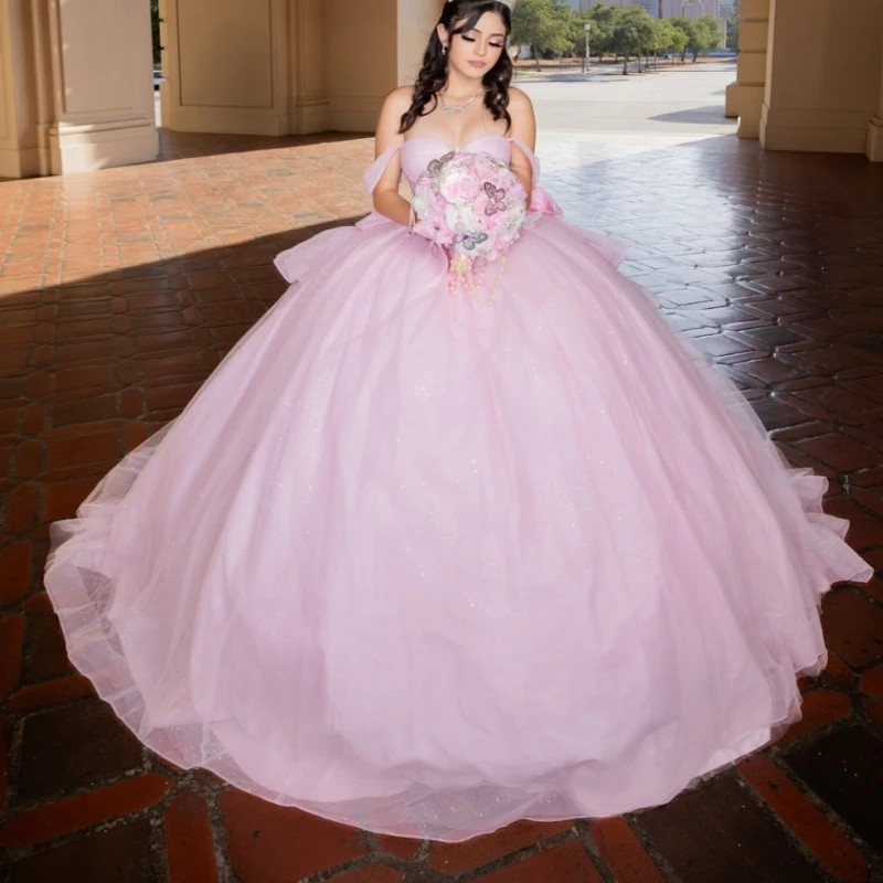 

Pink Shiny Ball Gown Quinceanera Dresses Off The Shoulder Beads Bow Corset Tull Party Birthday Sweet 16 Dress Vestidos 15 De