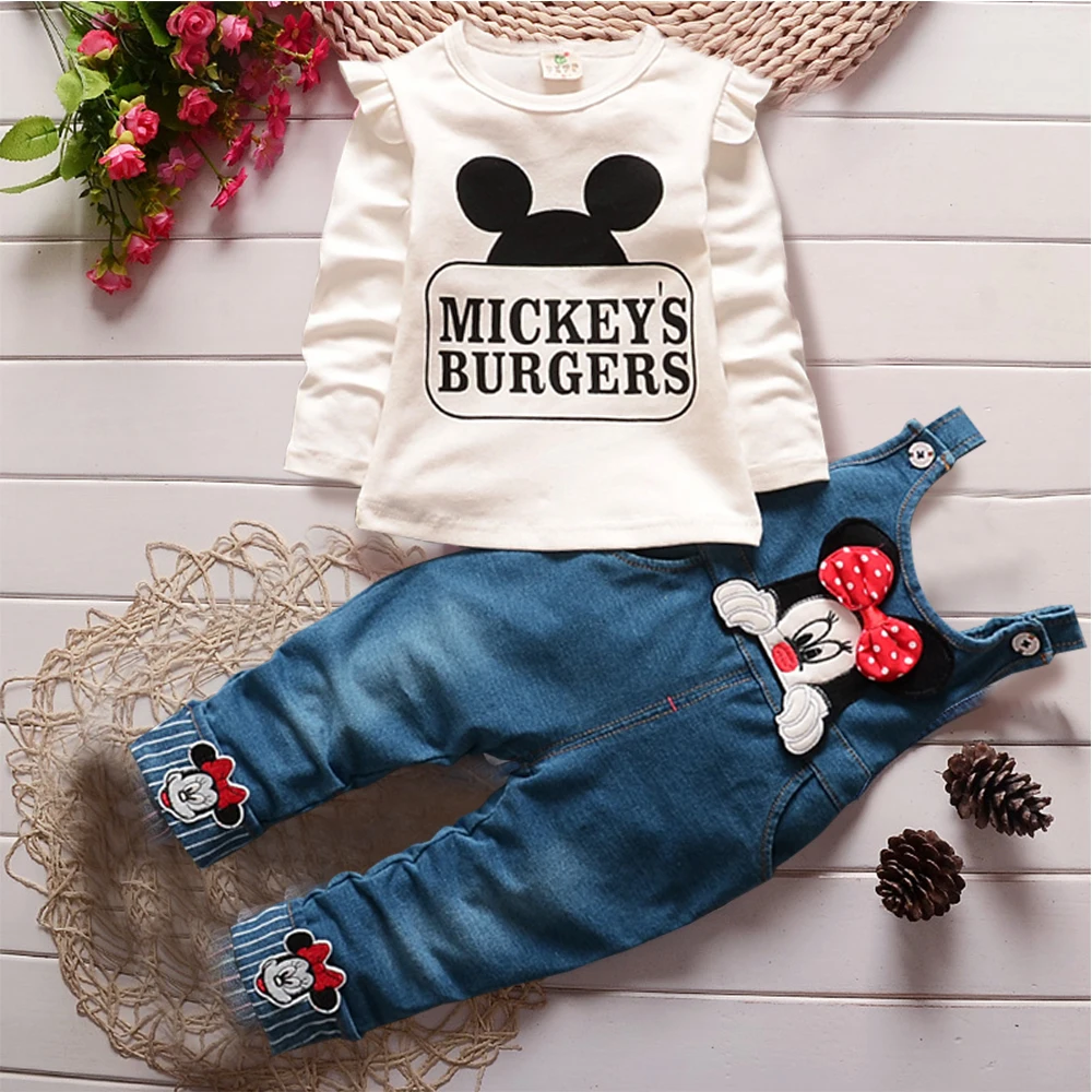 

2PCS Children Clothing Set Disney Minnie Mouse Overall Beige Autumn Long Sleeve Jumpsuit Set 1-4Y Baby Girl Outfits Set Casual