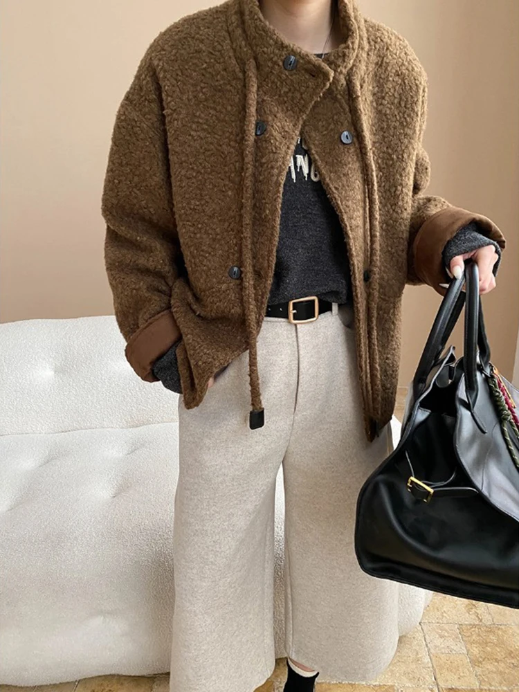 Fanan casacos de design de pele sintética com cordão para mulheres gola única breasted grosso jaquetas quentes femininas tops 2025 inverno novo