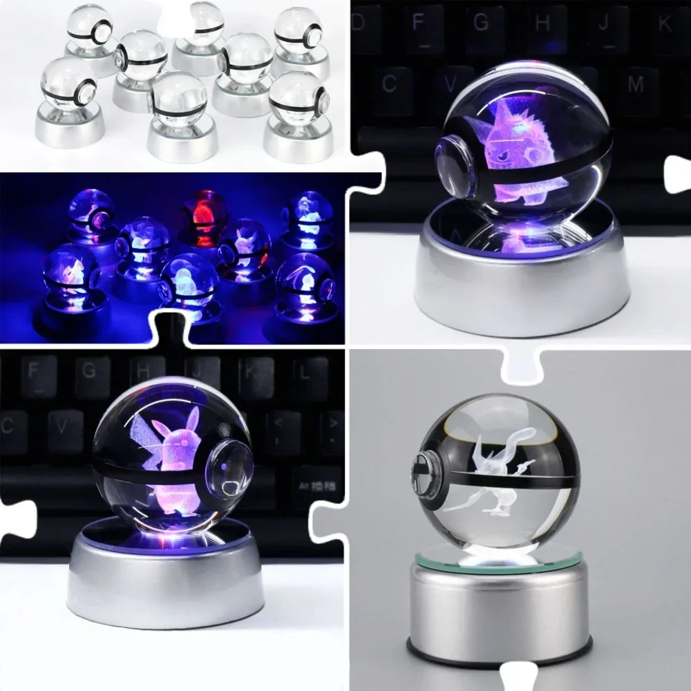 3D Crystal Ball Pokemon Figure Engraving Pikachu Charizard Gengar With LED Light Base Anime Glass Ball Child Christmas Gift Toy