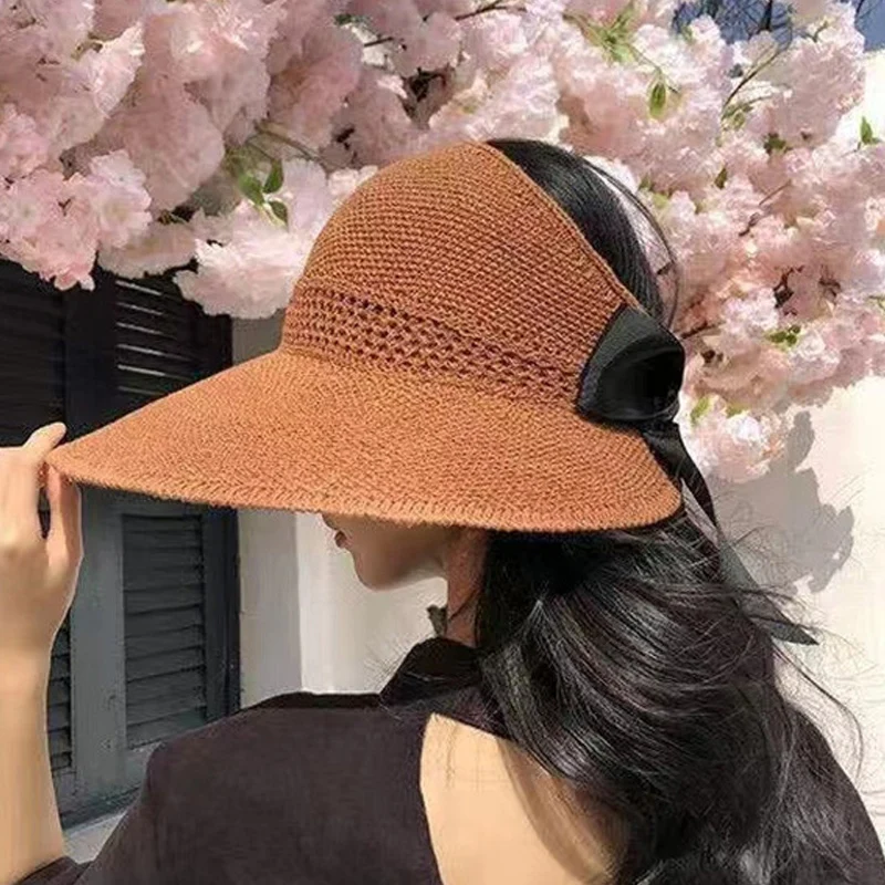 Women Summer Big Wide Brim Straw Hat Female UV Protect Ponytail Beach Sun Hats Hollow Top Foldable Ribbon Bows Ladies Panama Cap