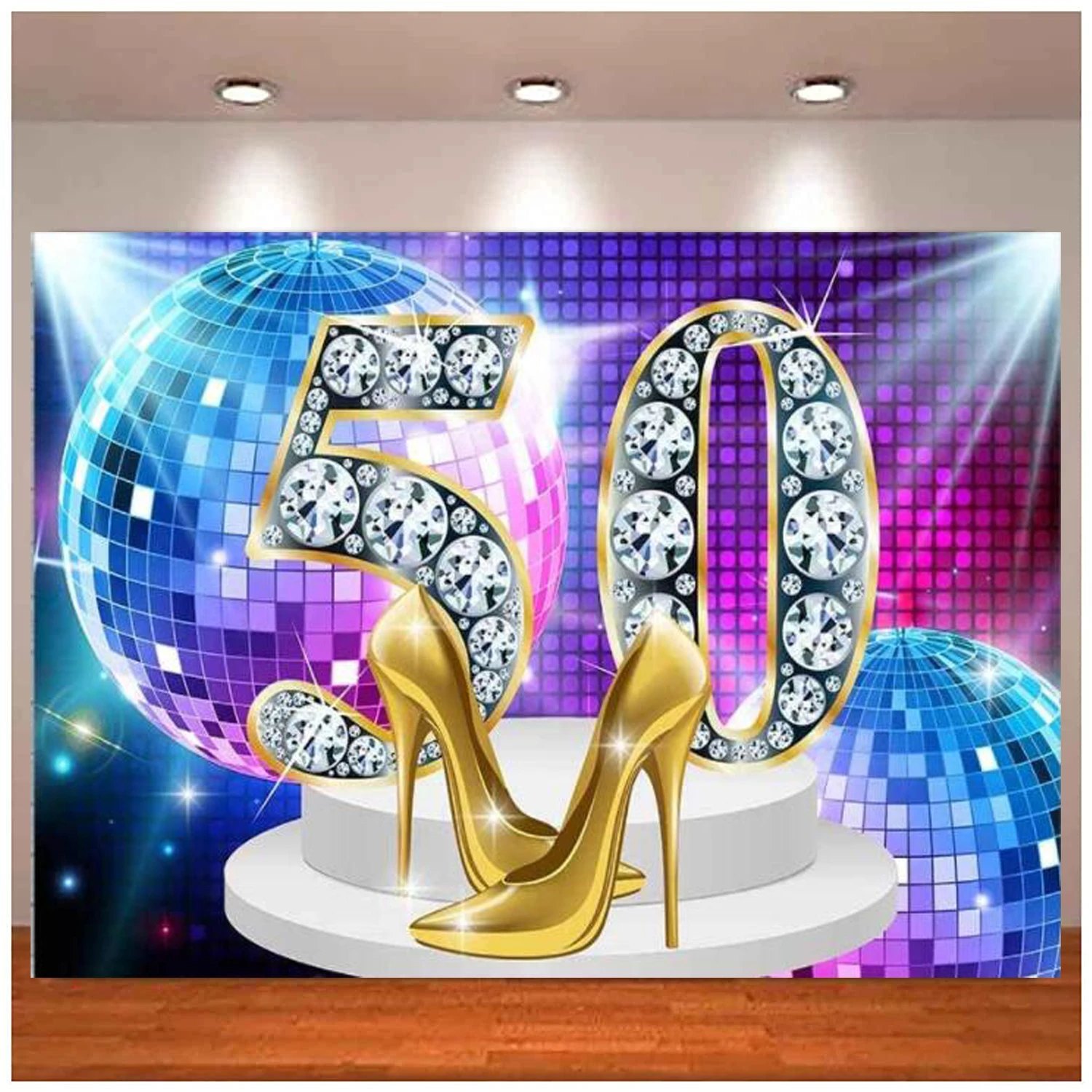 50th Birthday Party Photography Backdrop Retro Disco Theme 70s Throwback 1970s Women Diamonds Shiny Background Gold High Heels