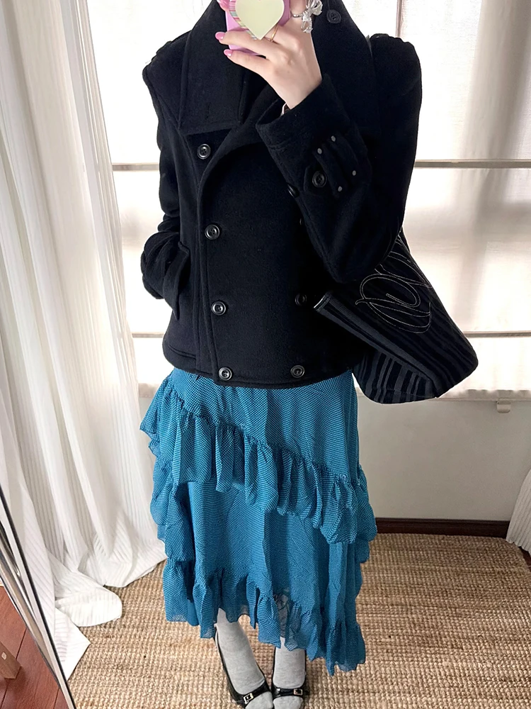 Women's stand-up collar double-breasted short wool coat with waist cinch for slimming effect, motorcycle-style woolen short coat