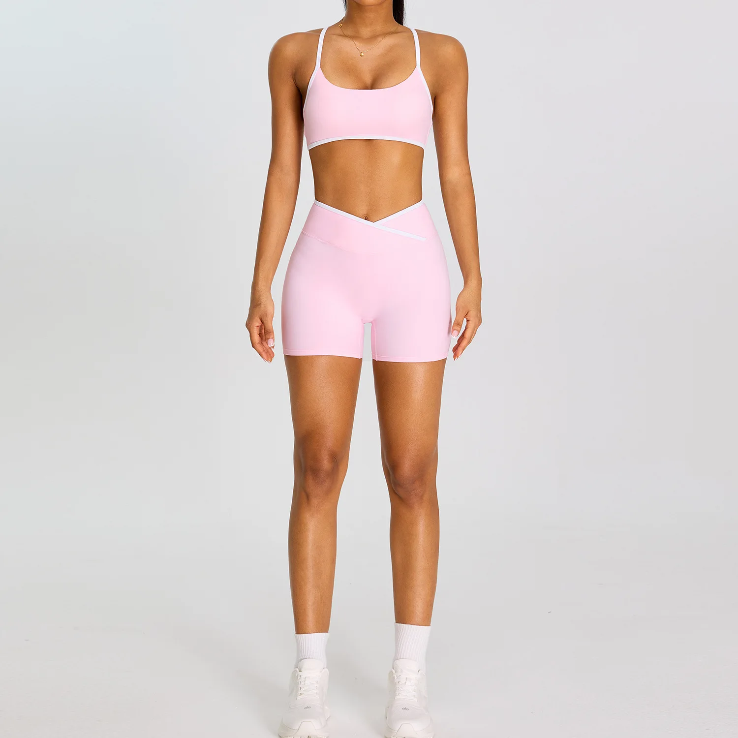 Women 2 Piece Yoga Set Gym Clothing Fitness Suit Workout Tracksuit Running Sportswear Outfits V Cross High Waist Trimmed Shorts