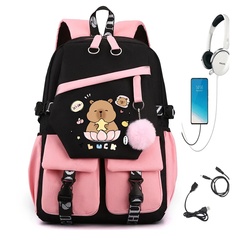 New Arrival Capybara  USB Charging Backpack - Cute Luggage for Boys Girls Functional USB Power Bank Student Bag Gift