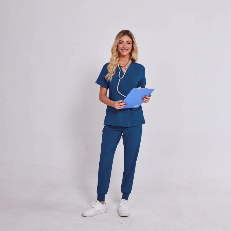 Moda casual com decote em v macacão de manga curta hospital enfermeira uniforme banho loja de beleza calças com cordão terno