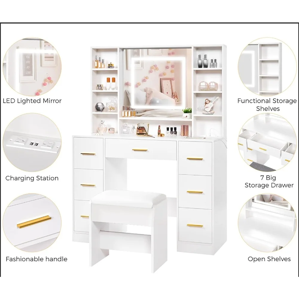 

39.4" Girls' Bedroom Vanity Desk – Lighted Mirror Makeup Table with 3-Color Adjustable Brightness & Power Outlet