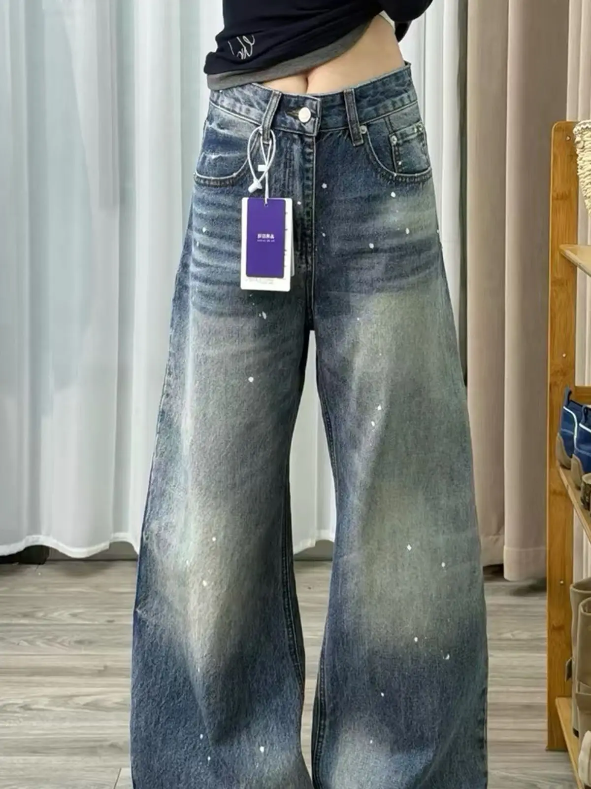 Y2K American Retro Blue High Street Washed Ink Splashed Curved Knife Loose Wide Leg Jeans Straight Leg Pants for Women