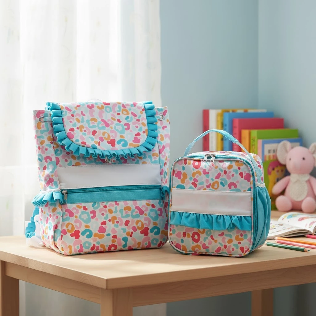 Ruffle Backpack Lunch Bag Set For Kids Colorful Leopard Print Back To School Student Bag Girls Boys Travel