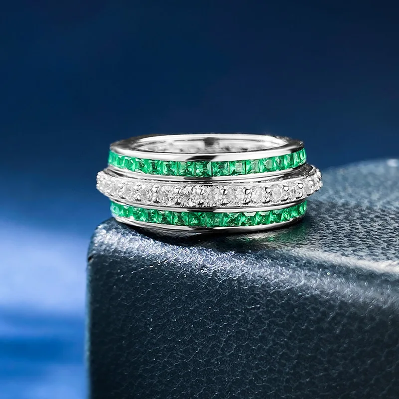 

Rotatable Emerald Diamond Ring 100% Real 925 sterling silver Party Wedding band Rings for Women Bridal Engagement Jewelry Gift