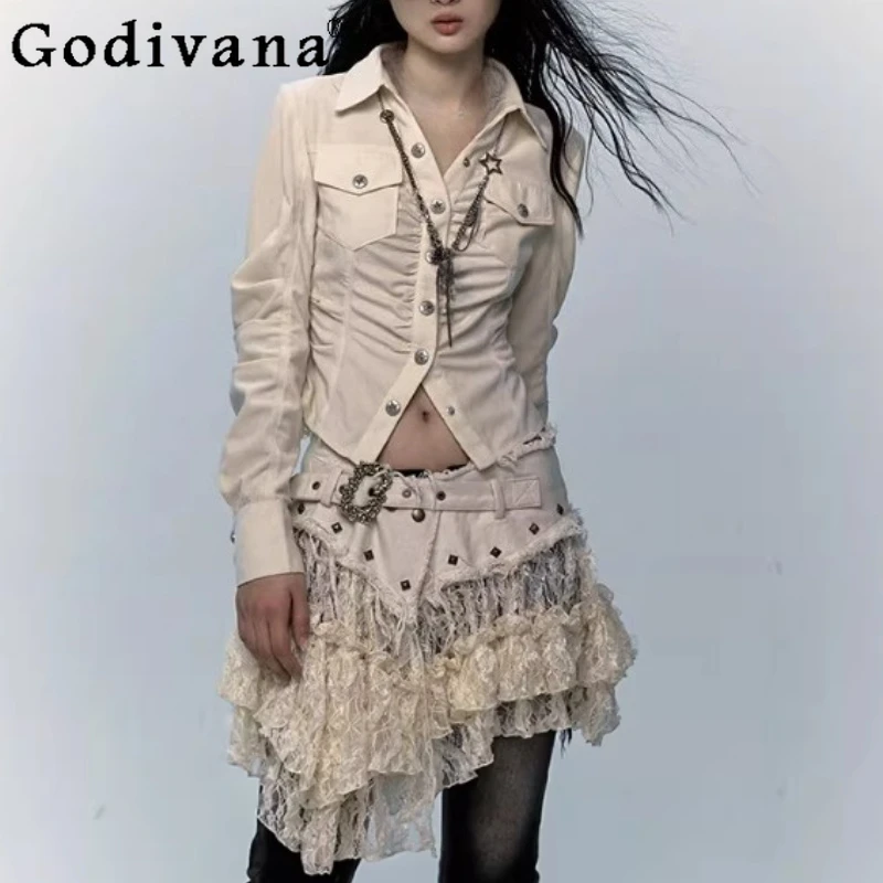 2026 Spring Summer New Retro Sexy Low rise Lace Splicing Irregular Skirts Fashion Gauze Beige Japanese Sweet Girl Street Skirt