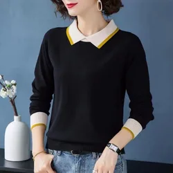Women's Clothing Long Sleeve Peter Pan Collar Screw Thread Contrast Color Pullover Sweater Knitted Casual Elegant Vintage Tops