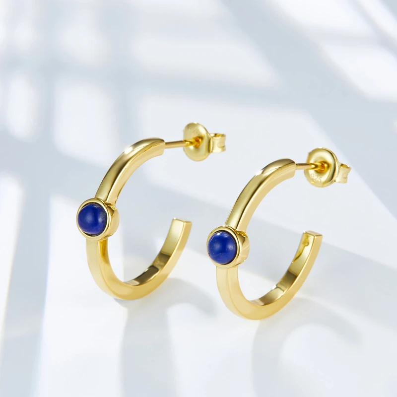 Minimalism 925 Silver Gold Plated Blue Lapis Lazuli Hoop Earring For Women C Shaped Simple Geometric Small Earrings 2023 New