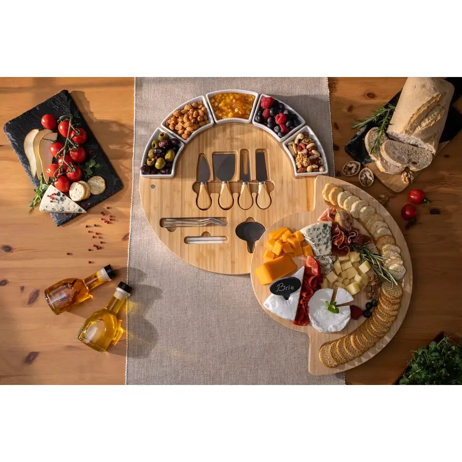 مجموعة ألواح الجبن والفطائر المصنوعة من خشب الخيزران ولوح تقطيع الجبن مقاس 16 بوصة حاصل على براءة اختراع الولايات المتحدة وسكين للترفيه