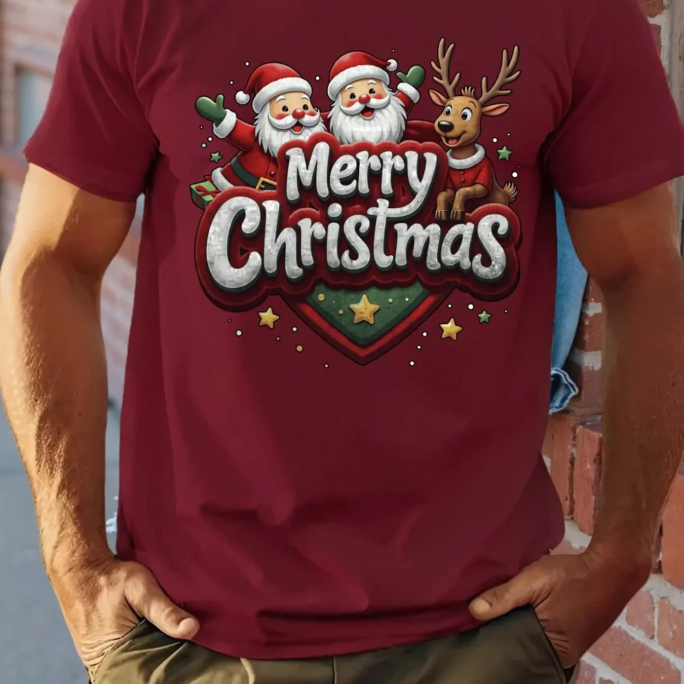 

Men'S Festive Christmas Graphic T-Shirt - Casual Crew Neck, Short Sleeve, Summer Cotton Tee with Santa & Reindeer Design