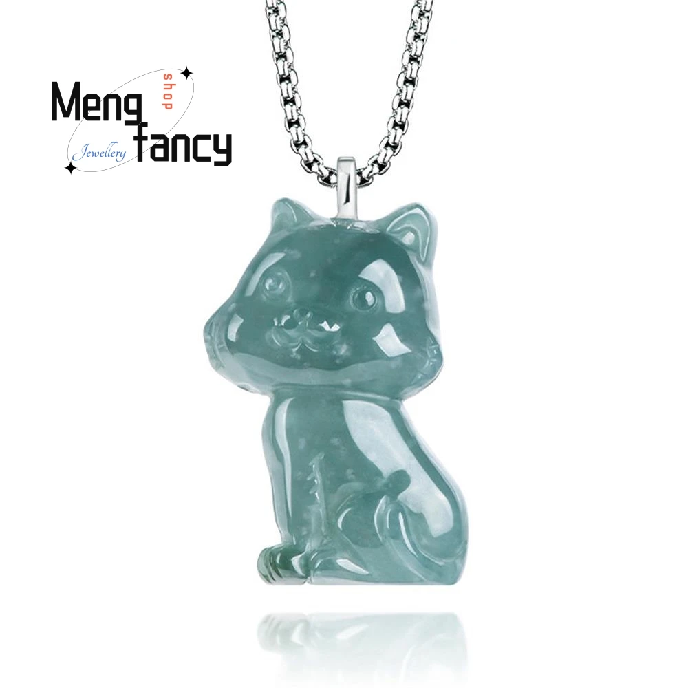 

Genuine Natural A-goods Jadeite Blue Water Three-dimensional Cat Cartoon Pendant Icy Jade Men Women Models Cute Fashion Jewelry