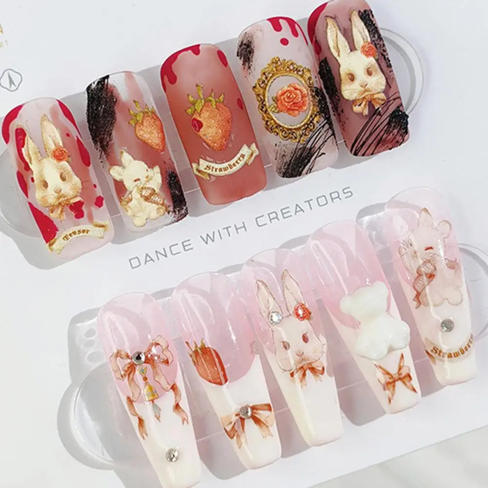 Sweet Red Apple Cute Rabbit Bowknot 5D Soft Embossed Reliefs Self Adhesive Nail Art Stickers Lovely Bunny 3D Manicure Decals