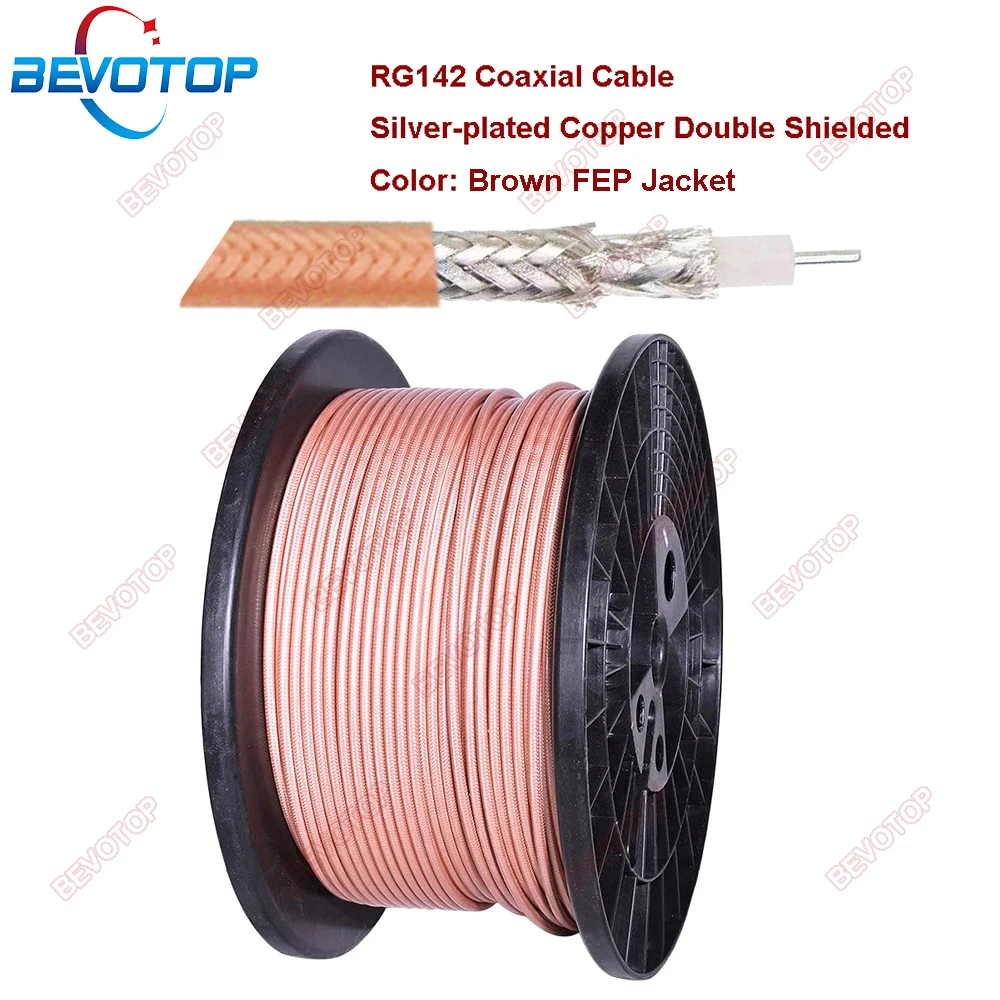 FEP Brown Jacket RG142 Koaxialkabel, versilbertes Kupfer, doppelt geschirmtes HF-Koaxialkabel, 50 Ohm, verlustarmes BEVOTOP