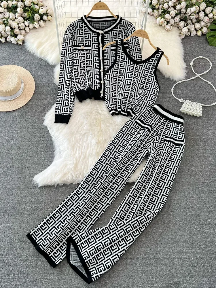 

2024 Casual Striped Knitted 3 Piece Sets For Women Autumn Winter Thick Loose Cardigan Coat + Vest + High Waist Wide-leg Trousers