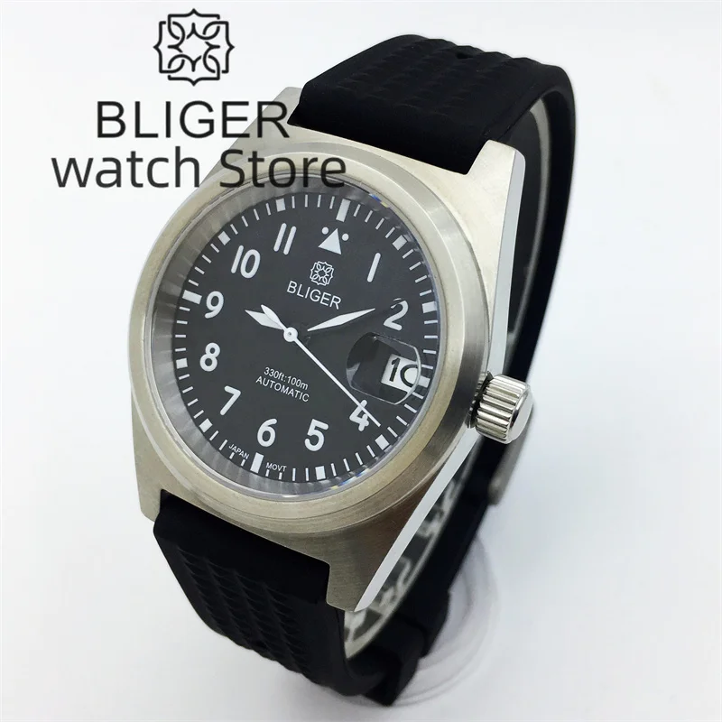 38mm BLIGER Brushed Case NH35A PT5000 Automatic Watch For Men Sapphire Glass Black White Blue Green Dial Luminous Rubber Strap