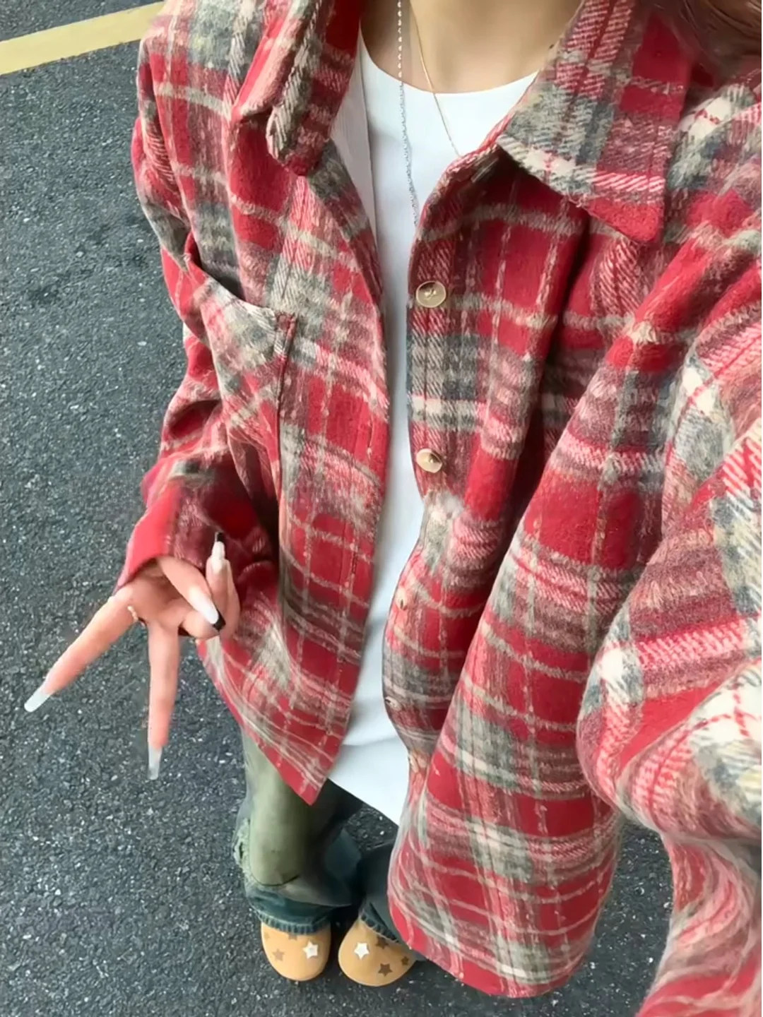 

Red Plaid Woolen Long Sve Men's irt American Cleanfit Loose Top Fuzzy Fini Men's Outerwear Stand Fit Tie Dye