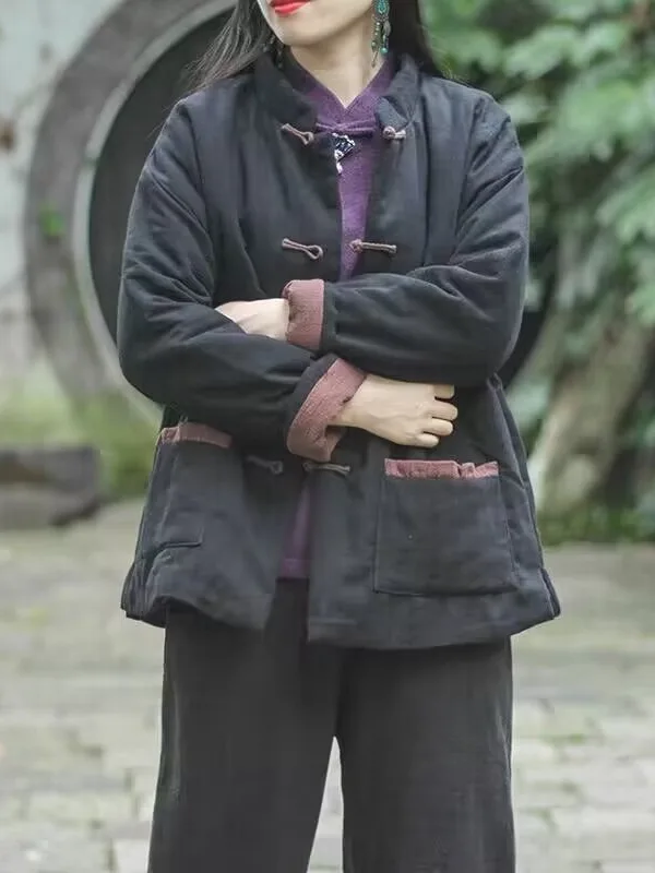 Chaqueta Corta de Aodón para Mujer, Cuello Alto, Botones Bordados, Abrigo Cálido de Invierno, Manga Larga uesa, Corte Reg...