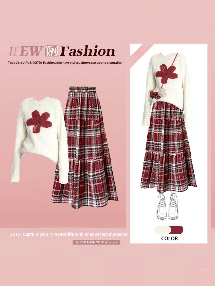 Set gonna a trapezio scozzese anti-età coreano Sle Set da donna autunno inverno morbido maglione lavorato a maglia con fiori rossi Set da due pezzi