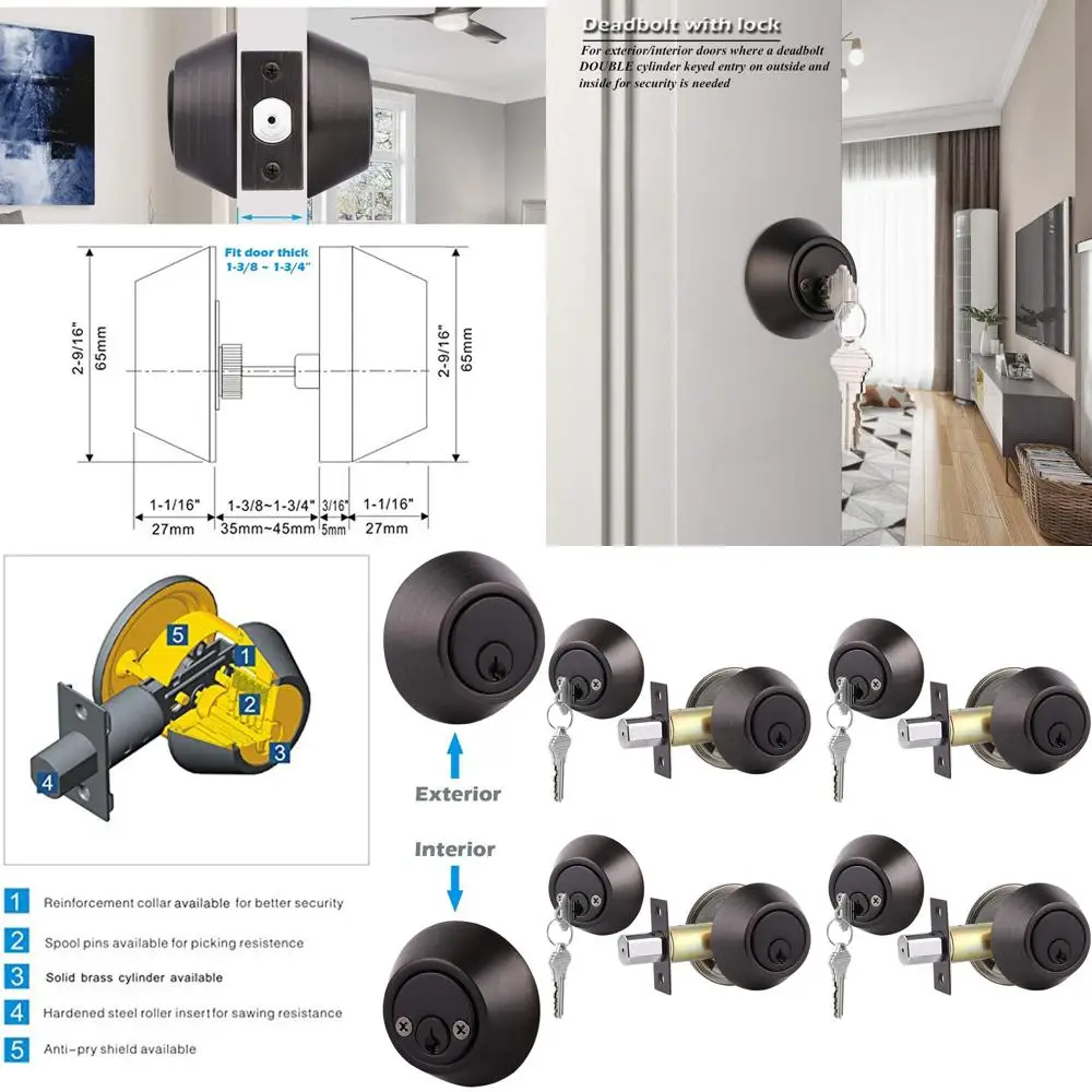 

4-Pack Bronze Finish Double Deadbolt Door Locks, Keyed Alike for Entry Security