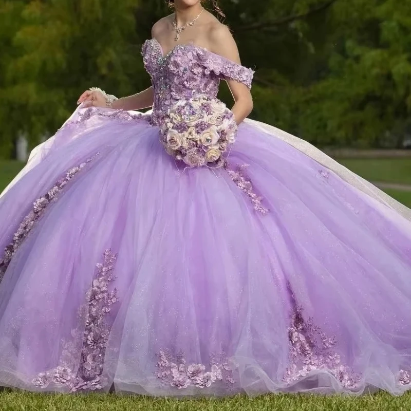 A3125 luxe lavande Pirncess 15 fille Quinceanera robes épaules nues fleur robe de bal bal fête d'anniversaire mariage 16 personnalisé