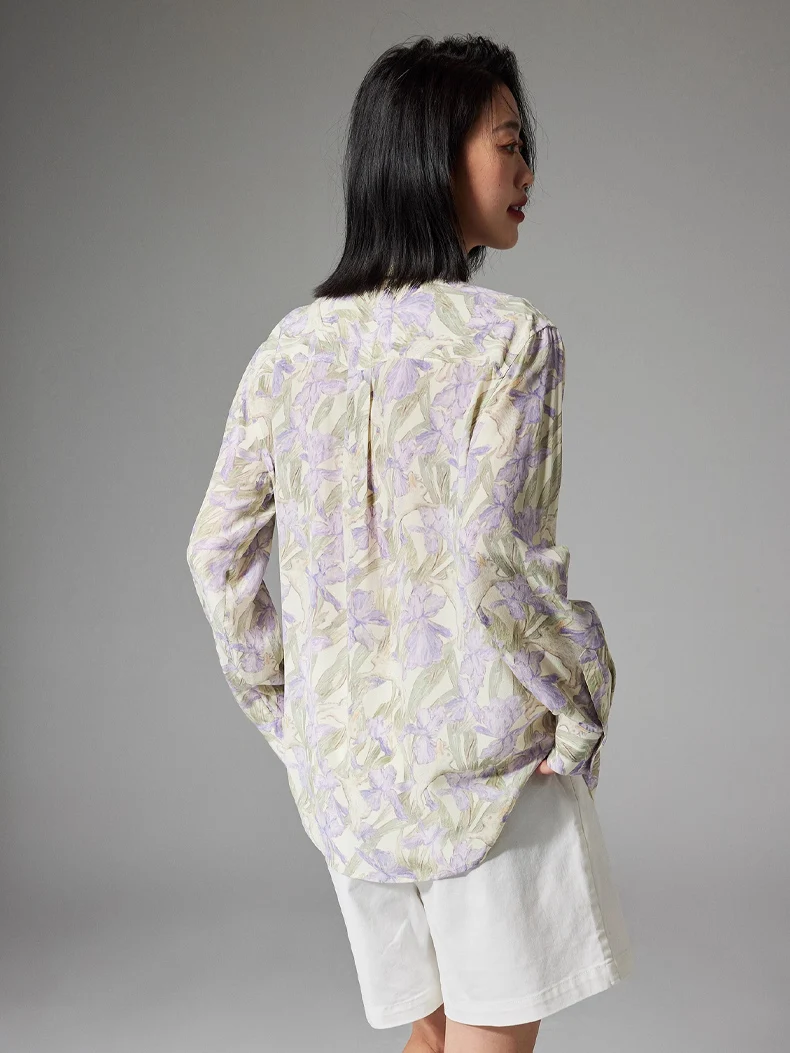 SuyaDream, Woman Floral Shirts, 100%Silk Crepe de chine, Turn Down Collar, Purple Flowers Blouses, 2024 Spring Summer Top