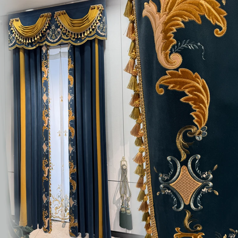 Custom new living room European luxury thick villa embroidery dark blue velvet cloth blackout curtain tulle valance drape C1667