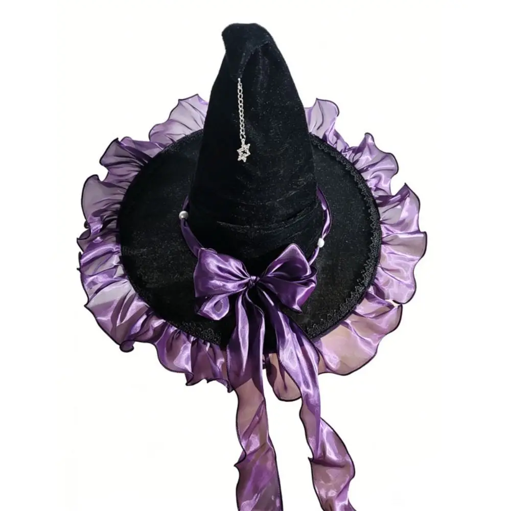 Party Props Satin Bow Halloween Hat Lace Star Pendant Wizard Cap Sparkling Stars Veil Cosplay Accessories Halloween Party