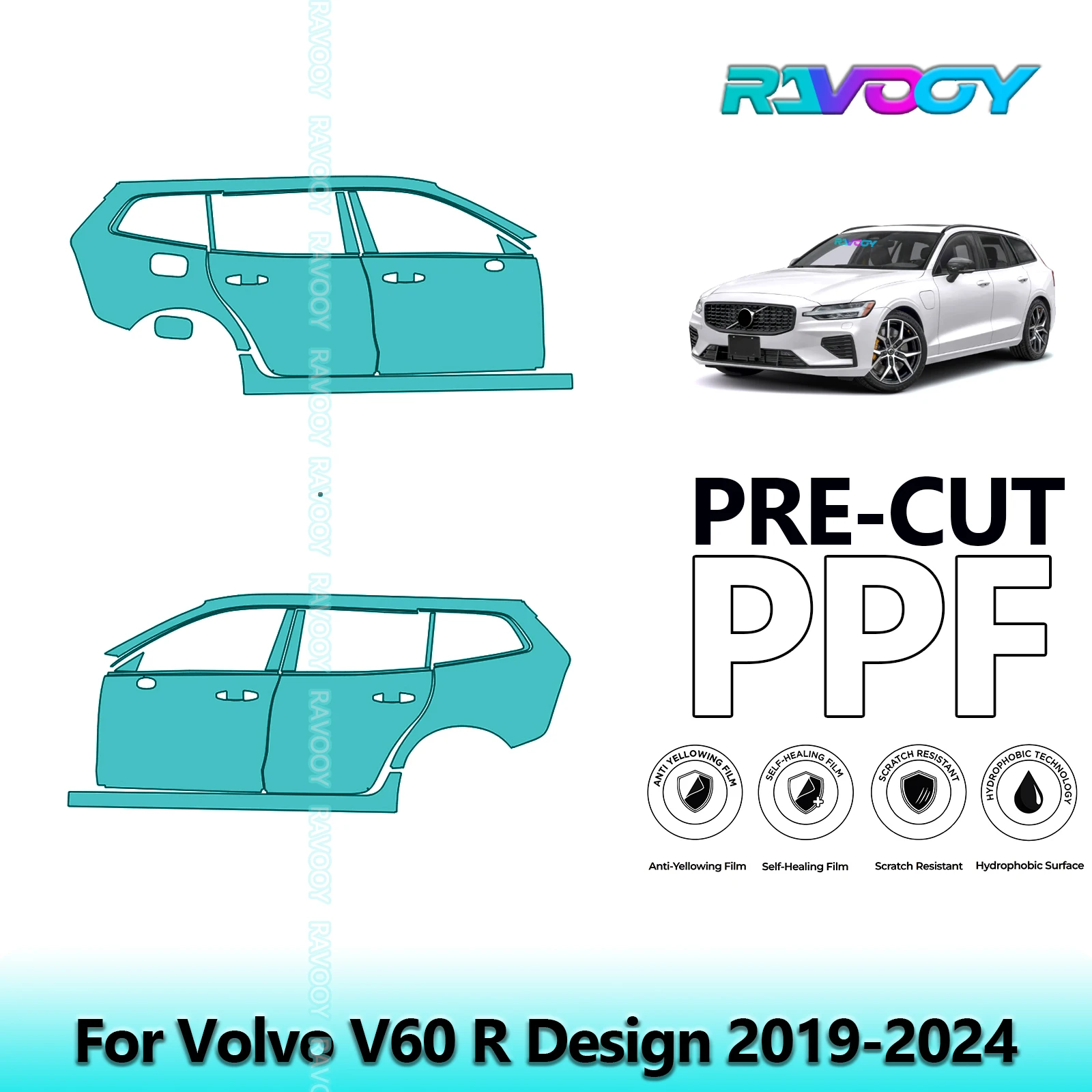 

For Volvo V60 R Design 2019-2024 8.5mil Clear Matte Pre-Cut PPF Door & A/B Pillar Kit TPU Paint Protection Film Set