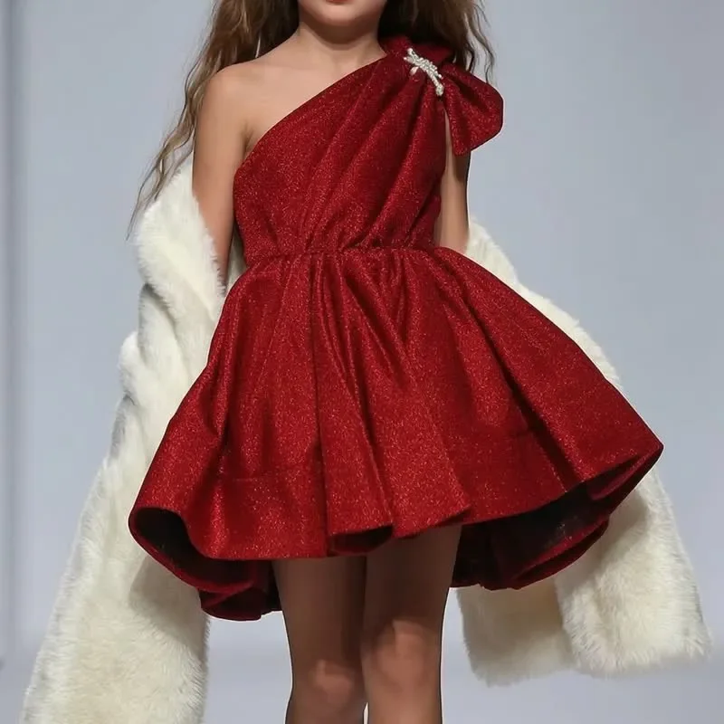 Luxury Burgundy Flower Girl Dress For Wedding Birthday Pageant One Shoulder Sparkly Velvet Party Gowns Customized