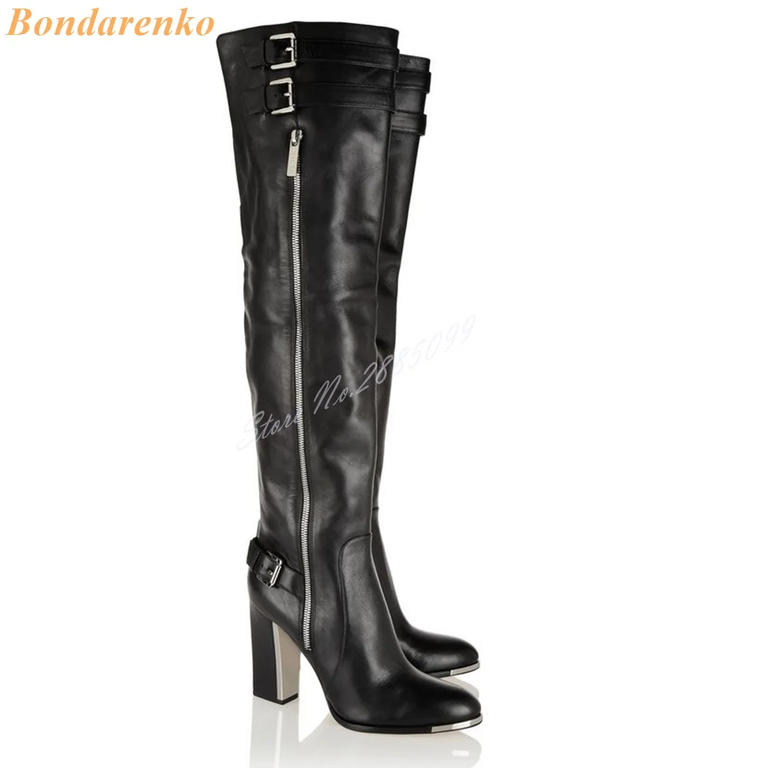 Botas hasta la rodilla con hebillas de cinturón para mujer, zapatos de cuero con punta estrecha, tacones altos gruesos, botas largas con cremallera lateral, zapatos de fiesta de nuevo estilo, Invierno