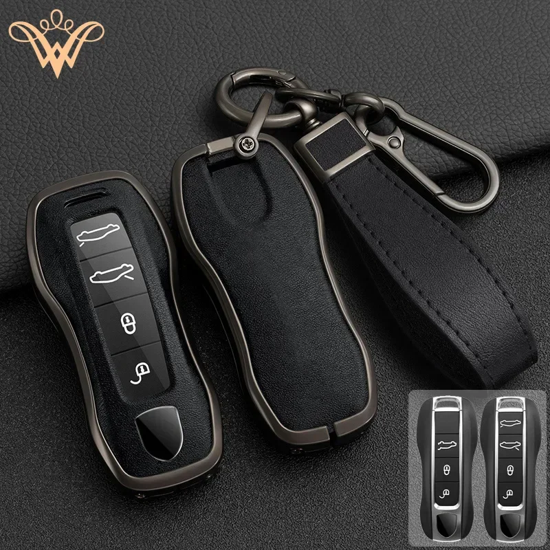 

Zinc Alloy + Leather Car Key Case Cover Fob Holder For Porsche Cayenne Panamera 971 911 9YA Macan 718 Cayman Boxster 3 Remote