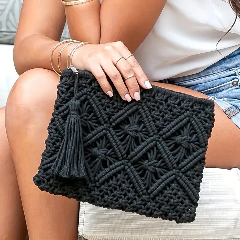 fashion rope woven clutch bag for women casual hollow out tassel clutch purses handmade summer beach bags 2024