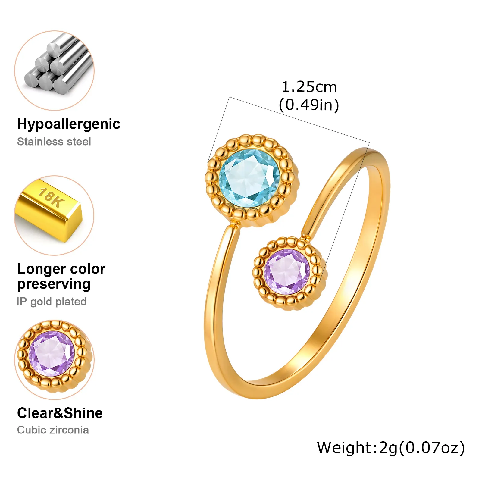 Vnox New Design Blue Pink Zircon Double Flower Rings for Women Girls 18K Gold Plated Trending Wedding Party Aesthetic Jewelry