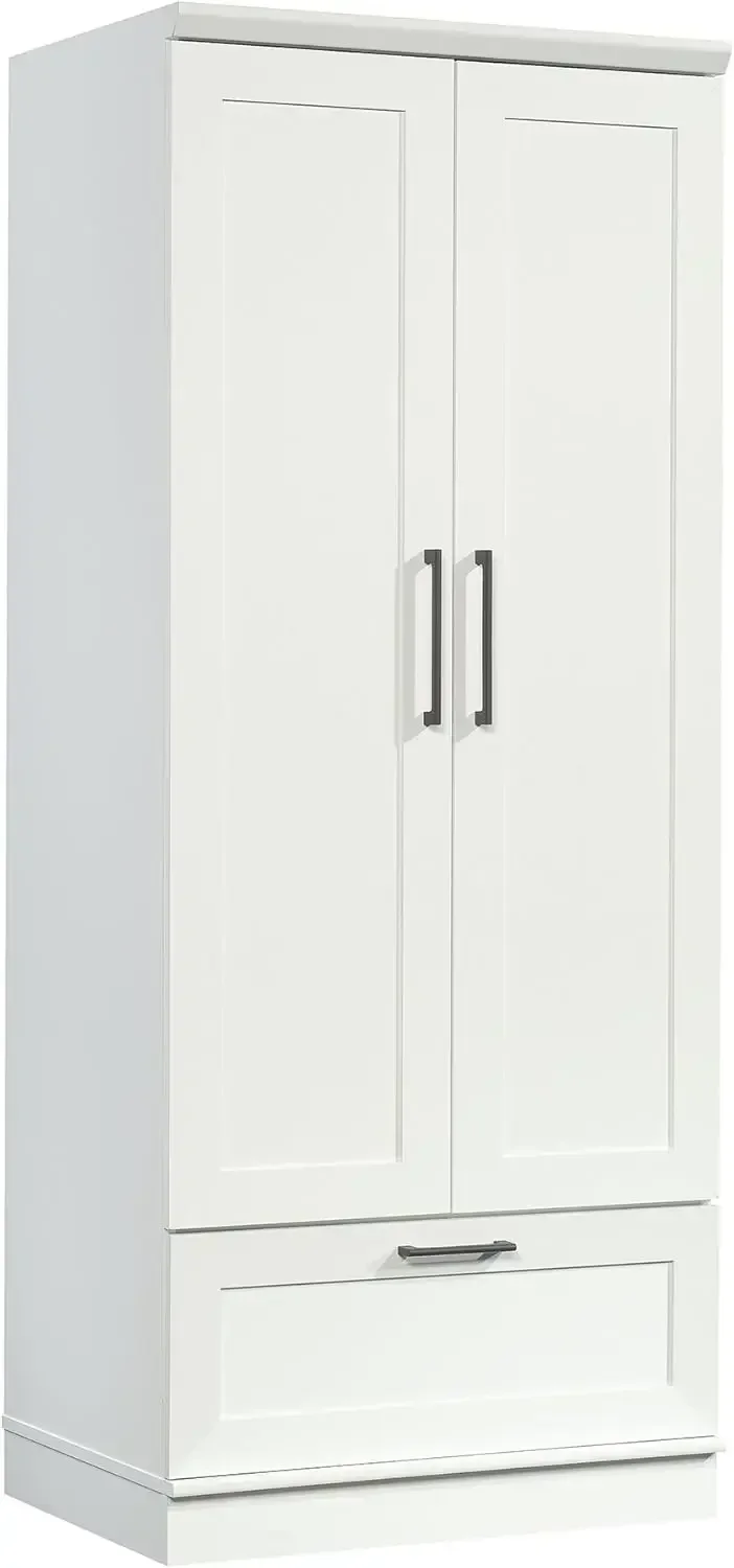 Bedroom Armoire Wardrobe Closet Clothes Storage w/Hanging Rail, Pantry Storage Cabinet with Storage Drawer, in Soft White