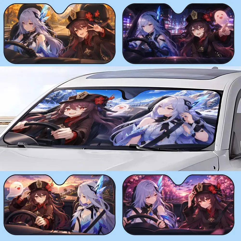 

Cute Hu Tao and Skirk Driving Sun Visor Retractable Car Sun Visor Anti-Glare UV Protection Front Window Sunshade