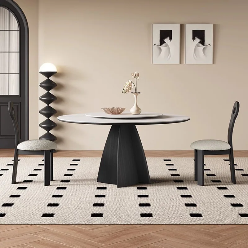 Italian minimalist round solid wood dining table small apartment with turntable modern simple medieval style slate round table f