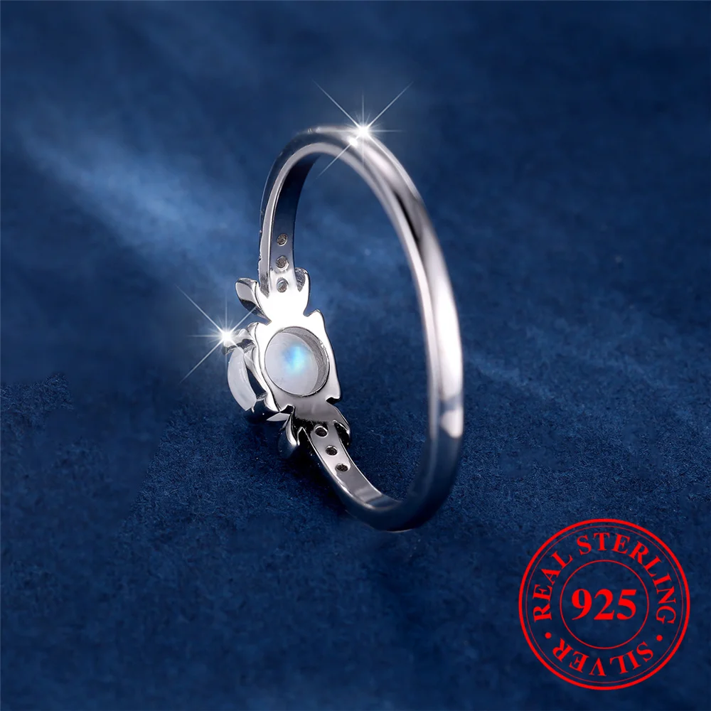 Female Cute Small Round Nature Moonstone Ring Vintage Real 925 Sterling Silver Moon Wedding Jewelry For Women