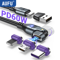 AUFU 60W Magnetic USB Type C Cable For Macbook Fast Charging Magnet USB-C Charger Data Cord For iPhone 16 Samsung Xiaomi Realme