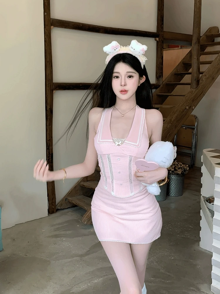 

Комплект XZY: облегающий топ и короткая юбка больших размеров, нежно-розовый, летний, сексуальный, с V-образным вырезом, с завышенной талией, для женщин