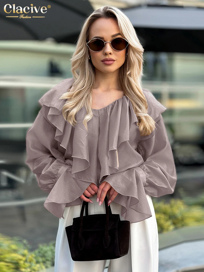 

Clacive Fashion Loose Khaki Women's Shirt 2025 Casual V-Neck Long Sleeve Shirts Elegant Classic Ruffles Tops Female Clothing